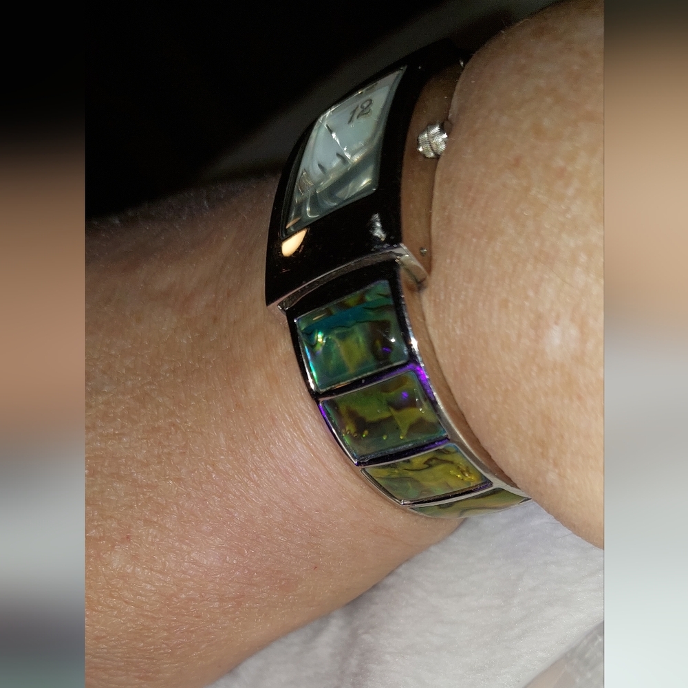Silver And Green Abalone Shell Rectangular Watch - image 7